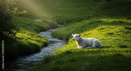 Lamb Resting by Stream in Sunny Green Meadow