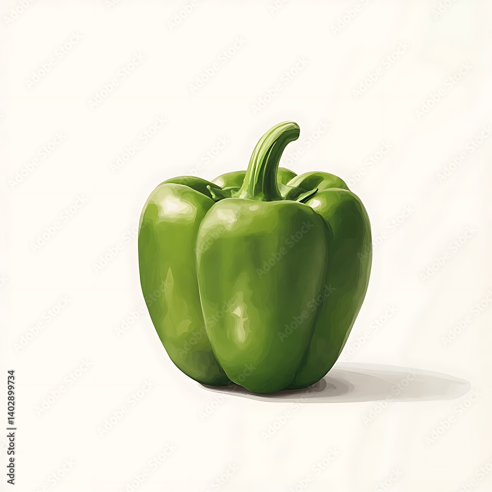 A crisp bright green bell pepper with smooth skin and juicy texture, isolated white background, hyperrealism art style A crisp bright green bell pepper with smooth skin and juicy texture, isolated white background, hyperrealism art style