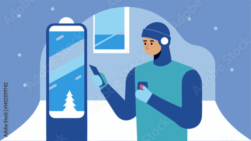 Thermal Tracking A graphic of a biohacker checking their body temperature with a digital device displaying a reading while standing in front of an icecovered window.