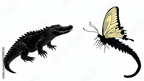 A contrasting silhouette of a crocodile and a butterfly.