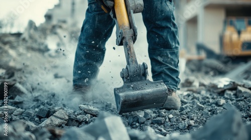 Demolition worker using a jackhammer to break concrete. Featuring controlled force and dust