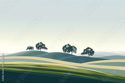 A vector art landscape with rolling hills, a clear sky, and minimalist trees.