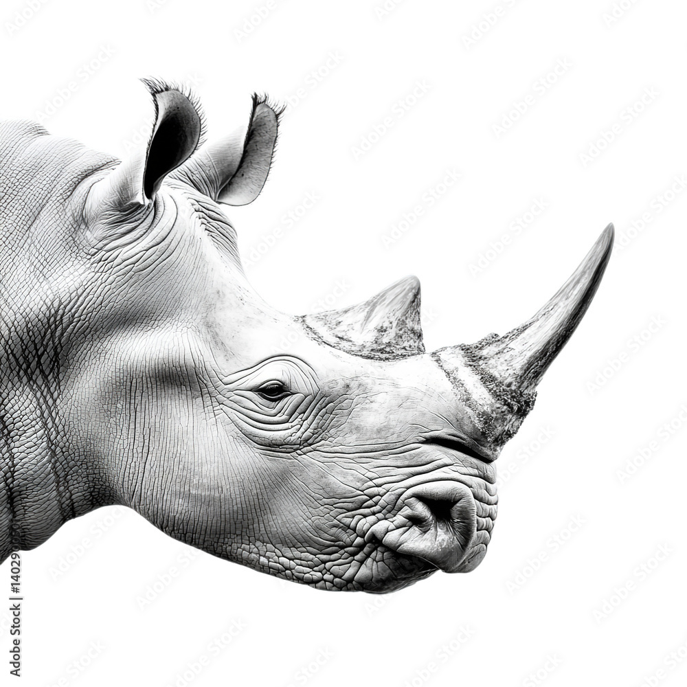 Obraz premium White rhino portrait wildlife animal photography endangered species conservation black and white art print closeup on transparent background