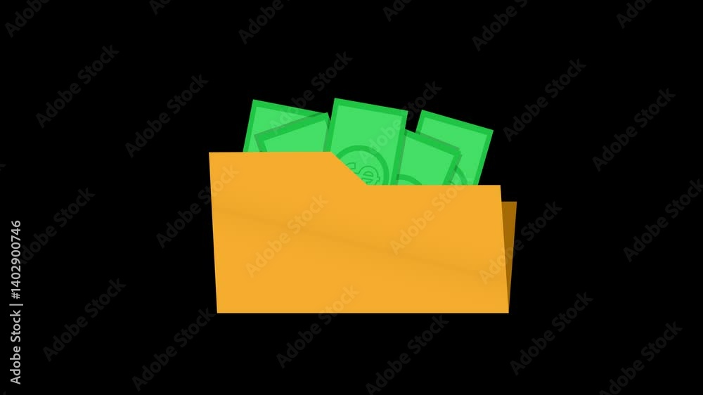 Money in folder animation on black background Money in folder animation on black background