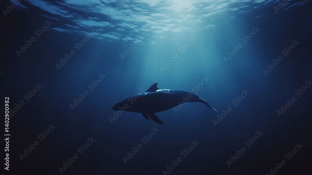 Fototapeta premium Underwater silhouette of a dolphin swimming gracefully beneath sunlit waves