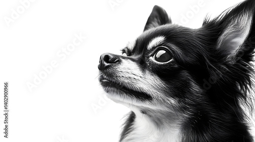 Beautiful Long Coated Chihuahua Dog in Black, Tan, and Cream Colors on Isolated Background