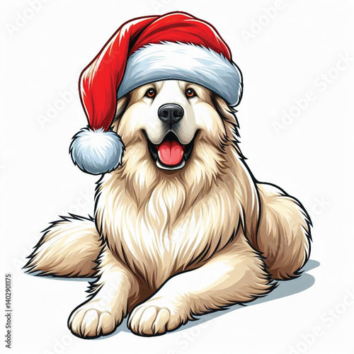 Christmas Great Pyrenees Dog wearing santa claus hat Cartoon Vector Illustration isolated