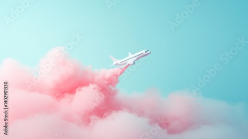 White airplane flying through pink clouds in a pastel sky