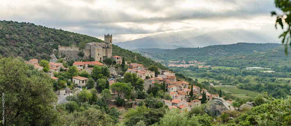 Panorama of Eus, the medieval hilltop town in Pyrenees mountains, France.