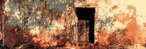 Old stone building with a dark doorway and textured surface.