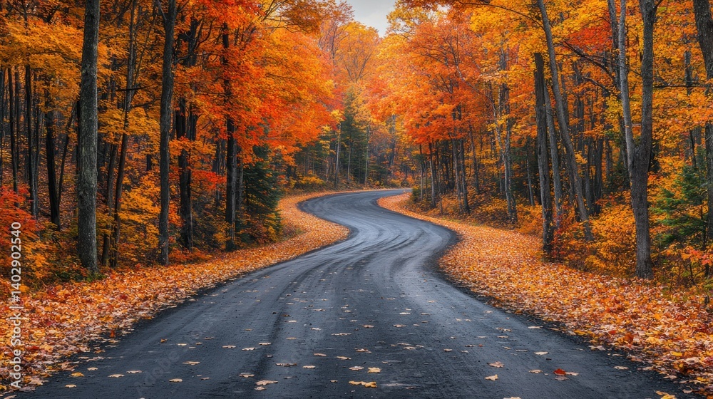 Obraz premium Autumnal Road Winding Through a Vibrant Forest