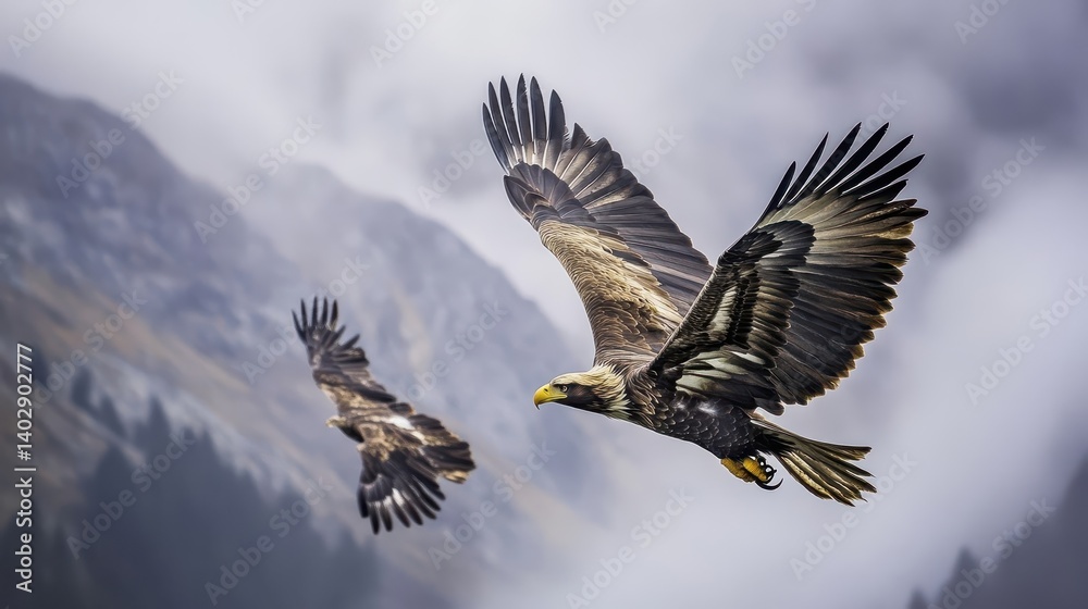 Fototapeta premium Majestic golden eagle soaring above misty mountains.