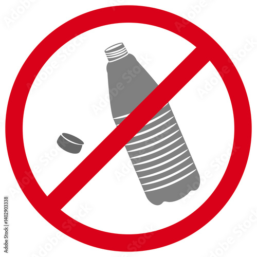 No plastic bottle sign. Vector illustration. No plastic waste icon. Red crossed out sign with a plastic bottle and a plastic cap.