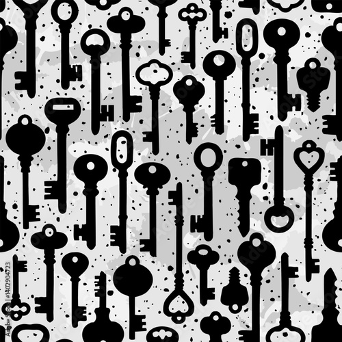 Door key. Pattern of black door keys on a gray background in grunge style. Drawn with brush strokes, splashes, blots.