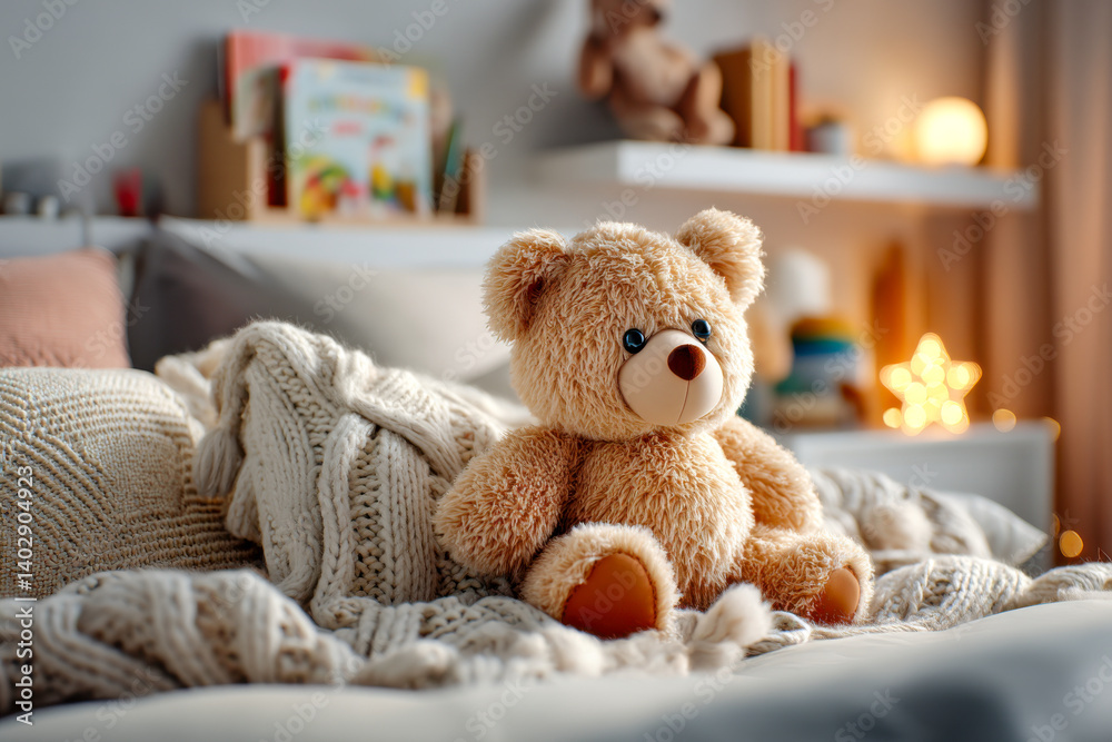 Cozy teddy bear sitting on a blanket in a warmly lit room