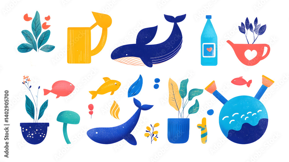 Fototapeta premium A vibrant illustration of marine and botanical elements, featuring a whale, plants, and colorful aquatic life.