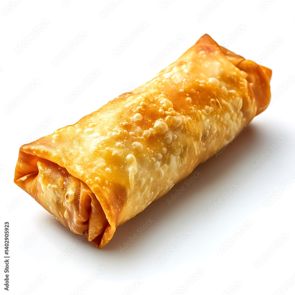 A crispy golden spring roll with a visible, crunchy filling, isolated white background A crispy golden spring roll with a visible, crunchy filling, isolated white background