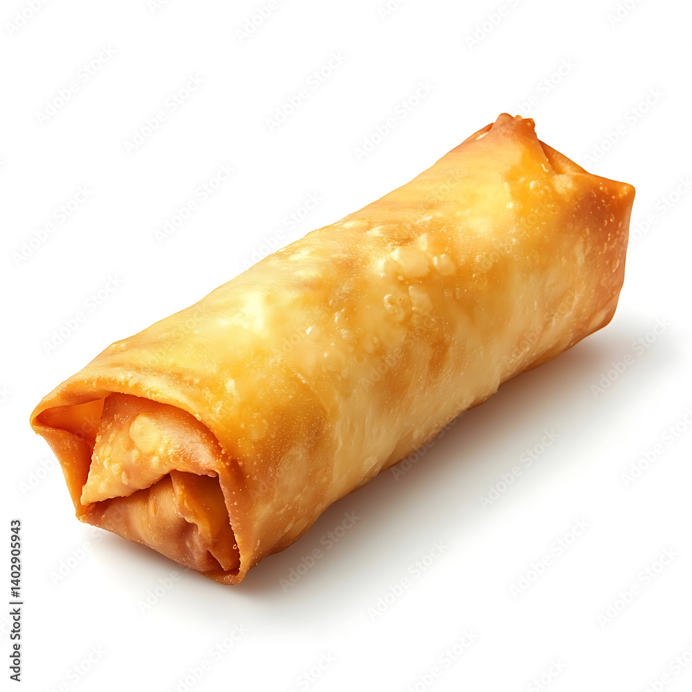 A crispy golden spring roll with a smooth surface and light filling, isolated white background, hyperrealism art style A crispy golden spring roll with a smooth surface and light filling, isolated white background, hyperrealism art style