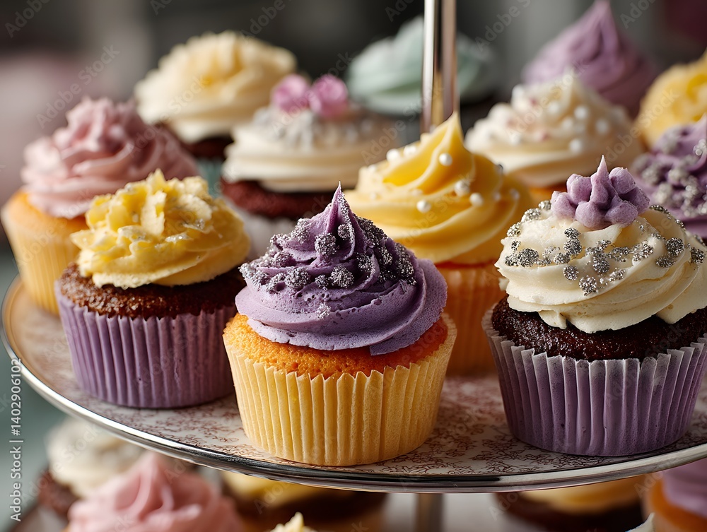 Sweet Sensations: A delightful array of colorful cupcakes adorn a tiered dessert stand, their frosting swirls and delectable flavors promising a symphony of taste. Sweet Sensations: A delightful array of colorful cupcakes adorn a tiered dessert stand, their frosting swirls and delectable flavors promising a symphony of taste.