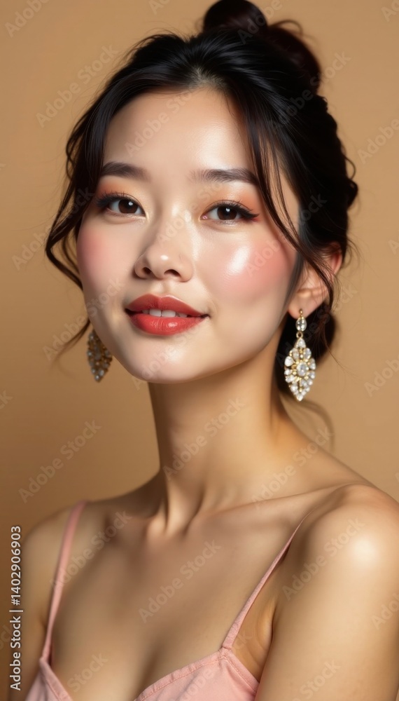 Exotic beauty of Asian descent adorned with premium cosmetics and accessories against a neutral beige backdrop, accessories, asian, cosmetics Exotic beauty of Asian descent adorned with premium cosmetics and accessories against a neutral beige backdrop, accessories, asian, cosmetics