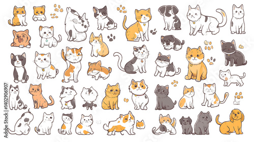 A delightful collection of various cartoon cats and dogs in playful, colorful designs.