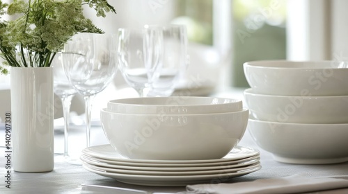 Pristine porcelain dishes stacked and polished to shine, ready for serving in elegant setting