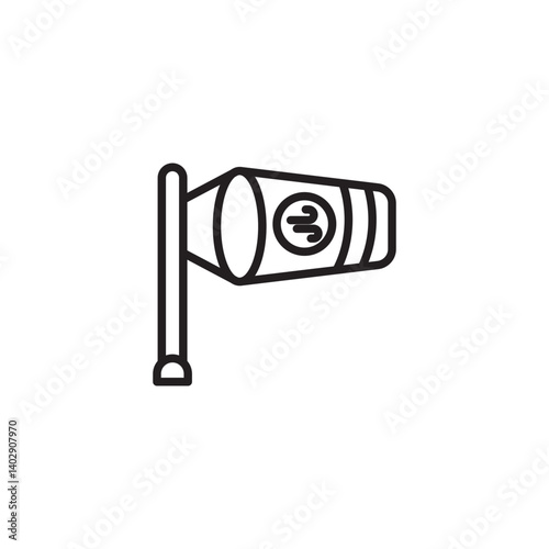 A line drawing of a windsock mounted on a pole, indicating wind direction and relative speed. It features a circular symbol with three curved lines inside.