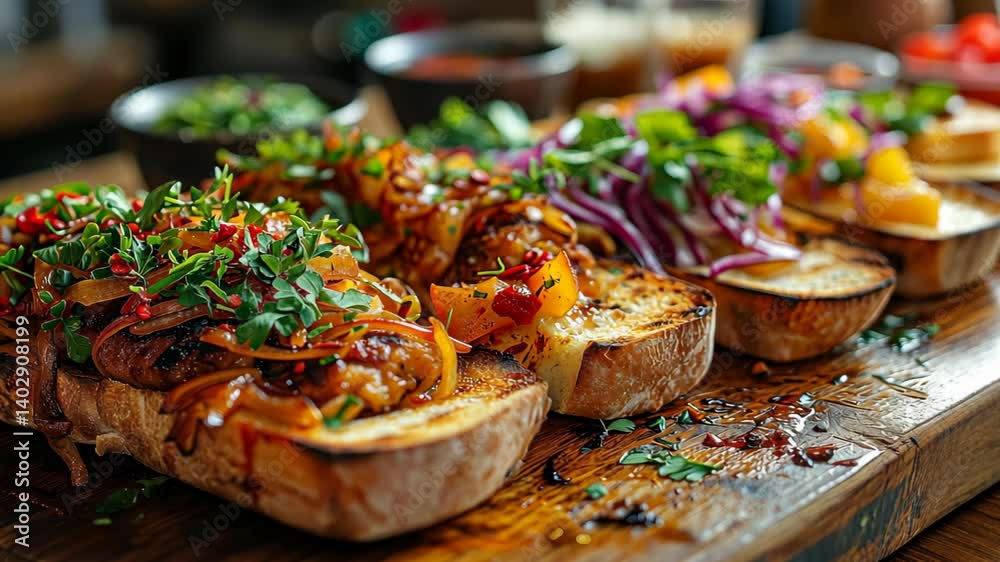 Open-faced sandwiches with caramelized onions, fresh herbs, and a drizzle of sauce on toasted bread, served on a wooden board. Deli style concept. Design for foodie blog, sandwich bar Modern menu.