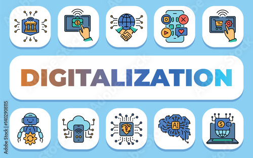 Digitalization of society text concept. Shablon for presentation and Infographics.