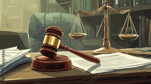 Judge gavel and scale of justice sitting on desk in courtroom