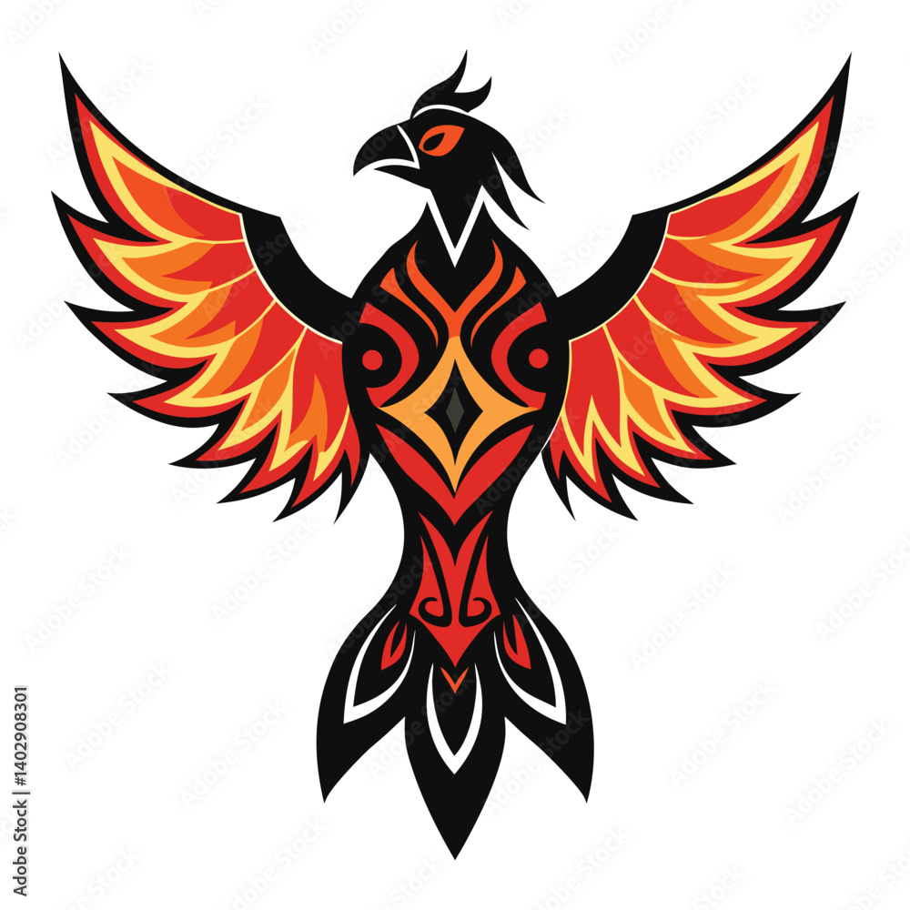 Obraz premium a sleek eagle silhouette with fiery tribal pattern on white background 