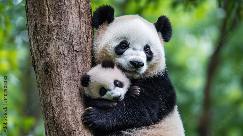 Fototapeta premium A loving panda mother and her adorable baby clinging to a tree.