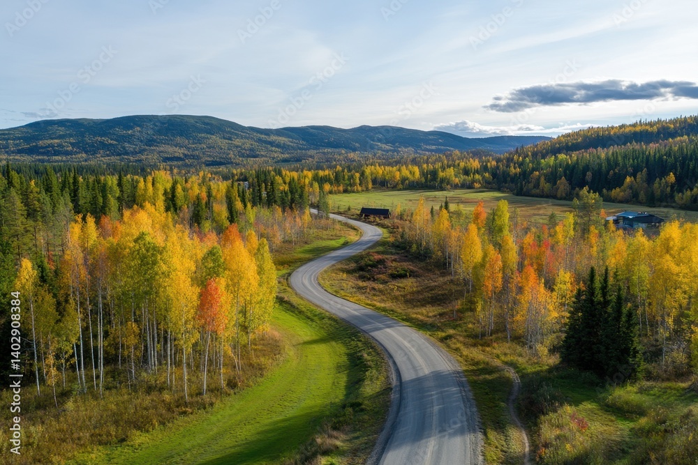 Fototapeta premium A winding road through colorful autumn forests and hills