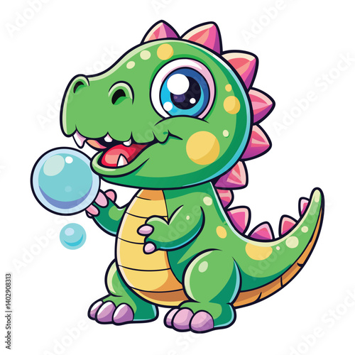 A cute green baby dino, a funny cartoon reptile, is a happy vector art illustration of a fantasy dragon-like monster
