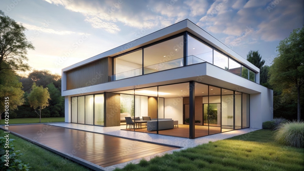 Modern Architectural Design Luxurious Home with Expansive Glass Walls and Wooden Deck Modern Architectural Design Luxurious Home with Expansive Glass Walls and Wooden Deck