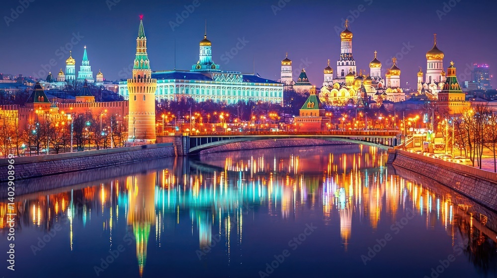 Obraz premium Night View of Moscow Kremlin and Cathedrals