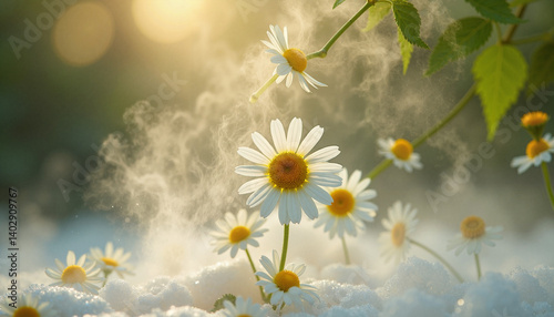 Obraz na płótnie Daisies blooming in the sunlight, against a misty background, Herbal tea picking w salonie