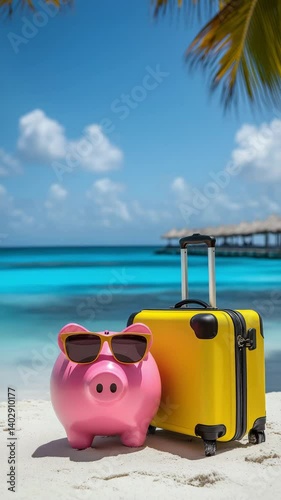 A tropical beach with a piggy bank wearing sunglasses beside a yellow suitcase on the sand. Vacation budget and finance