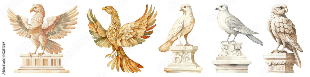 Obraz premium PNG Elegant bird sculptures on pedestals, element set on transparent background