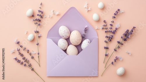 Easter eggs with lavender flowers in purple envelope on pastel background