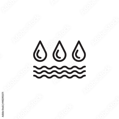 A line drawing depicting three water droplets falling onto wavy horizontal lines, symbolizing rain, condensation, or a water source.