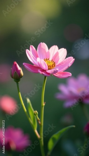 A delicate flower blooms in a soft focus garden, foliage, soft light blurred background, outdoor