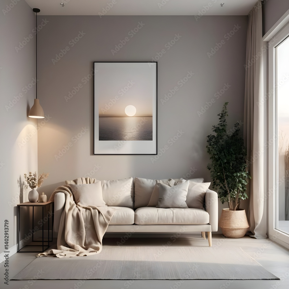 Fototapeta premium Cozy Minimalist Living Room Interior with Beige Sofa and Ocean Sunset Artwork
