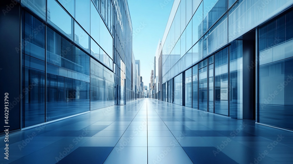 Symmetrical Perspective of Modern Office Buildings with Glass Facades Symmetrical Perspective of Modern Office Buildings with Glass Facades