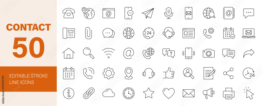 Contact icon set. Containing chat, support, message, phone, e-mail, address, customer service, call, website, info, communication and more. Editable line icons. Vector illustration.
