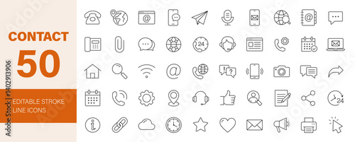 Contact icon set. Containing chat, support, message, phone, e-mail, address, customer service, call, website, info, communication and more. Editable line icons. Vector illustration.