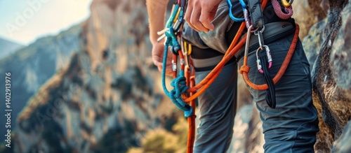 A confident rock climber preparing for ascent with all the safety equipment