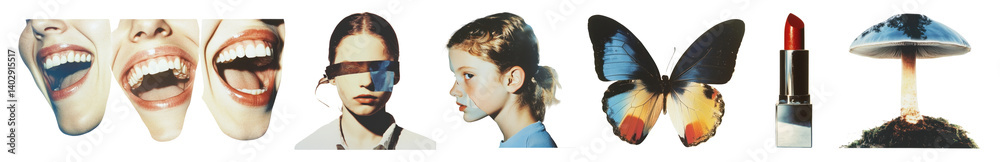 PNG Surreal collage with diverse elements, element set on transparent background