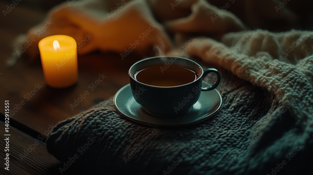 Warmth envelops a cup of tea and a flickering candle, inviting tranquility and reflection in a cozy corner on a peaceful evening Warmth envelops a cup of tea and a flickering candle, inviting tranquility and reflection in a cozy corner on a peaceful evening