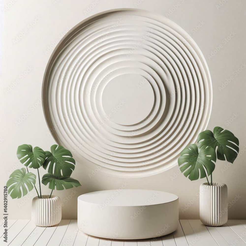 Fototapeta premium Minimalist product display with monstera plant and white geometric background